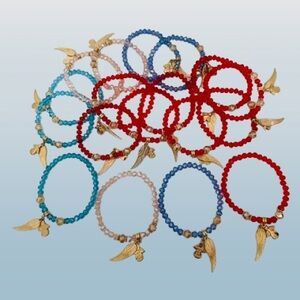 Elegant Multicolor Glass Stretch Bead Bracelets with Gold Angle and Wing Charms